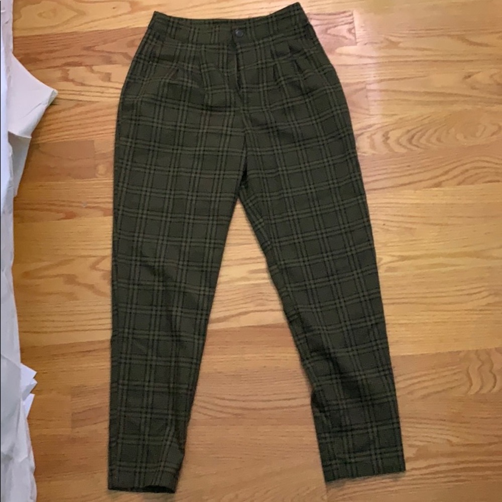 High rise green plaid trousers